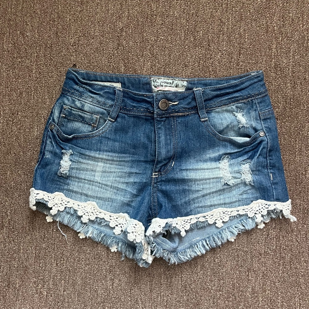 Hot Kiss Blue Jean Shorts with Lace Trim